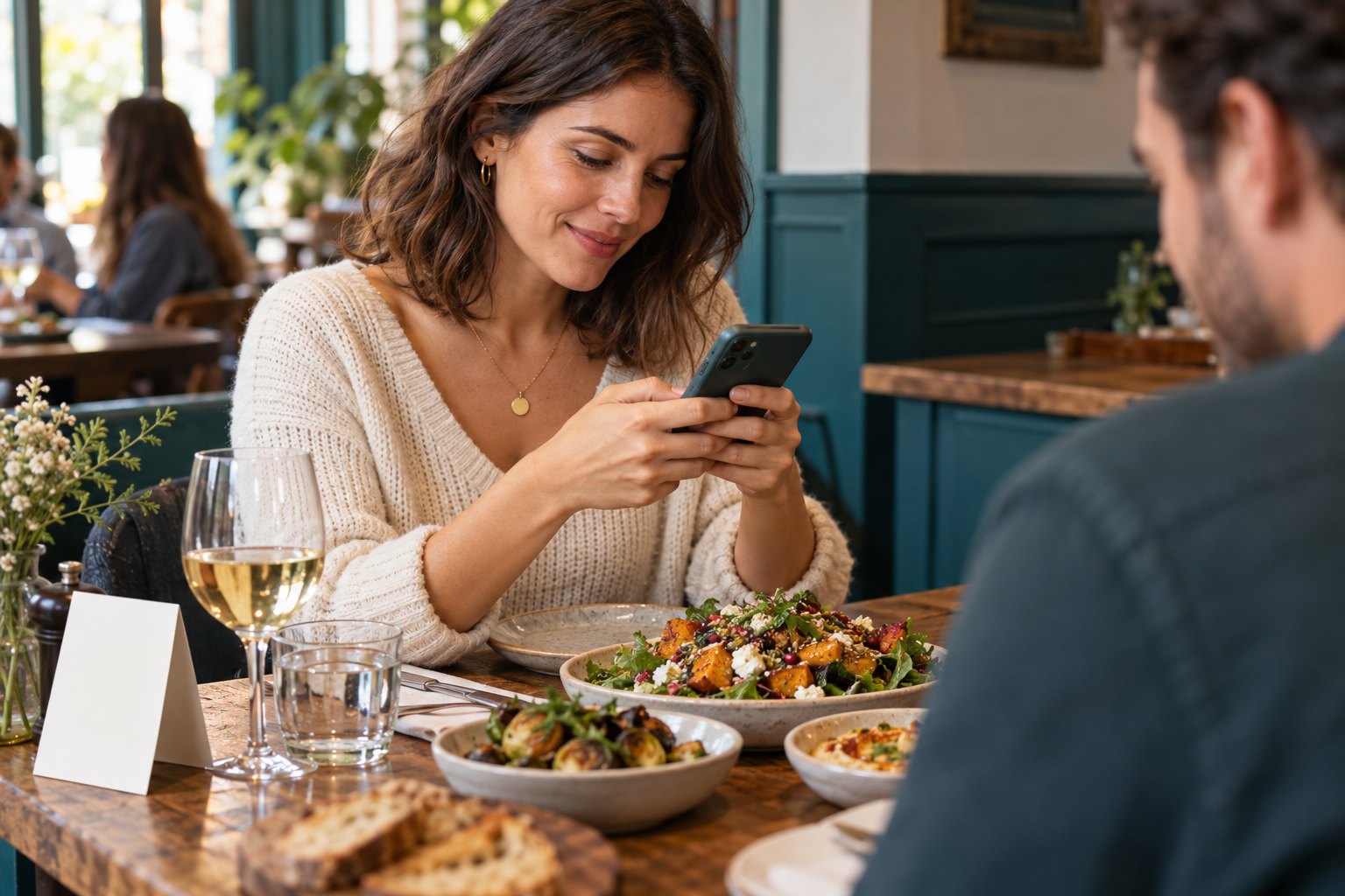 A diner using her phone to share feedback after a restaurant meal