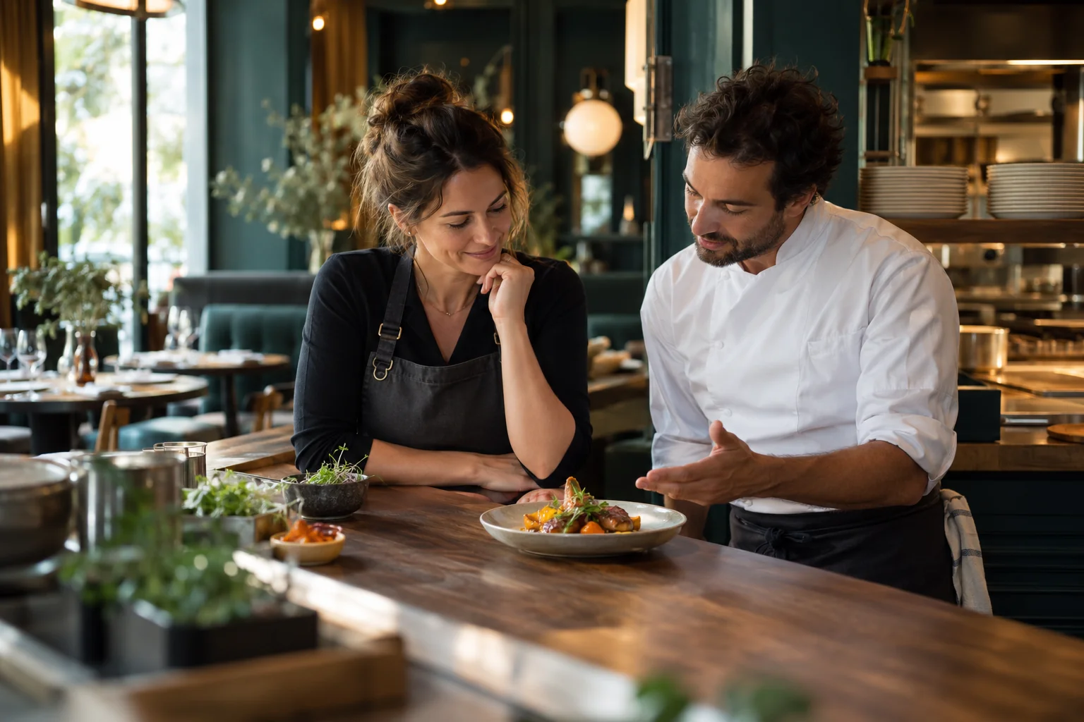 A restaurant owner and chef discussing a freshly prepared dish at the kitchen pass