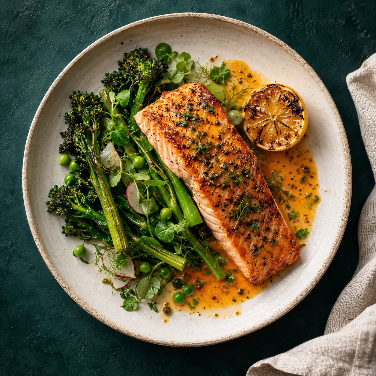 Pan-seared fish with greens and charred lemon